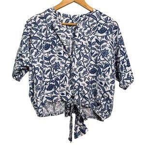 Liberty Justice Blue White Floral Tie Front Cropped Shirt Top Womens Sz L Cotton